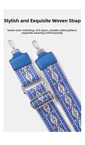Adjustable woven shoulder strap with blue geometric patterns and silver hardware hooks