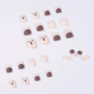 Chocolate brown bear cartoon press-on nails set with matte finish and cute bear patterns