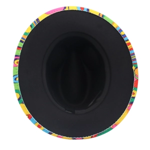 Detail view of colorful abstract geometric pattern on wide brim fedora hat interior