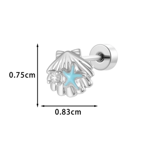 Silver shell stud earring with light blue starfish and zircon, size 0.75cm x 0.83cm