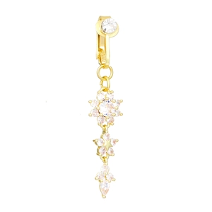 Gold snowflake belly button ring with crystal drop pendant and sparkling zircon inlays