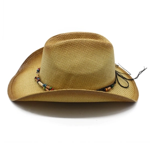 Classic Western straw cowboy hat with colorful beaded band and pinched crown for summer