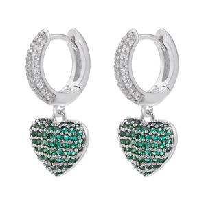 Close-up of heart hoop earrings with micro-pave green stones on white background