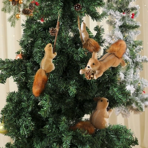 Realistic brown foam squirrel ornaments on a green Christmas tree for festive decoration