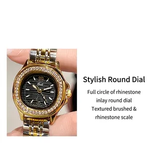 Close-up of luxury women's watch with zircon-encrusted bezel and silver-gold metal strap