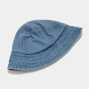 Detailed view of durable light blue denim bucket hat showing high quality stitch texture