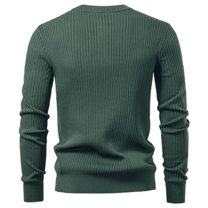 Detailed back view of dark green knitted long sleeve t-shirt with ribbed texture
