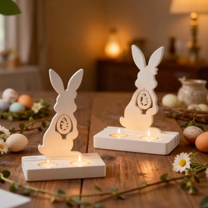 Easter bunny candle holder with hollow egg design and tea light slots on a wooden desk