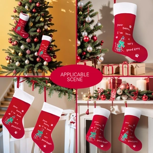 Red pet Christmas stockings with dog and cat patterns for festive home decor and gift bags