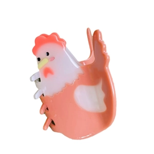 Pince à cheveux motif poule en acétate brillant de couleur rose et blanc