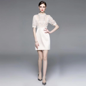 Elegant off-white lace patchwork mini dress with heavy beadwork and mock neck style