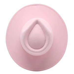 Elegant wide-brim pastel pink felt fedora hat with teardrop crown and stitch detail