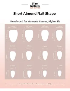Size guide for short almond press-on nails showing 12 detailed width and length measurements