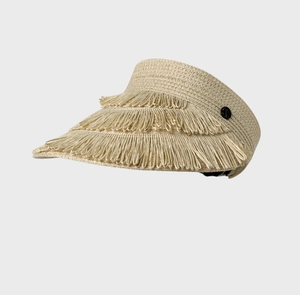 Detail of raffia straw sun hat featuring three-layer fringe trim and woven texture