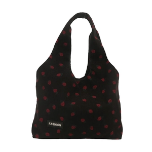 Black corduroy tote bag with red strawberry pattern and fashion woven label
