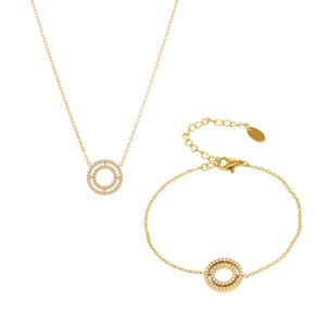 Golden double ring necklace and bracelet set with sparkling 5A zircon in studio lighting