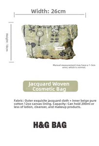Detailed size specifications for olive green floral jacquard makeup bag with canvas lining