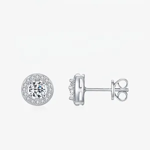 Round Moissanite Stud Earrings With 925 Sterling Silver Earring Post Brilliant Cut D Color Halo Luxury Fashion Women