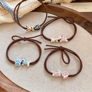 Cute Cartoon Animal Hair Ties Alloy Resin Pendants Cat Dog Fish Bone High Elastic Rubber Bands Sweet Hair Accessories Women Girls
