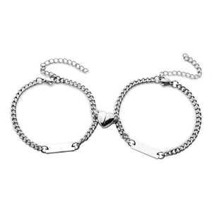 Magnetic silver couple bracelets with heart clasp and minimalist cuban link chain