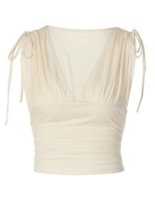 Canotta sexy beige con scollo a V, spalline regolabili e dettaglio bustino arricciato