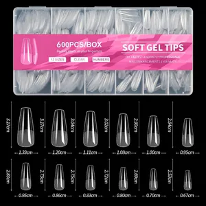 Detailed size chart showing various lengths and widths for ballerina frosted nail tips