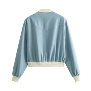 Back view of light blue bomber jacket with beige ribbed knit collar and hem details