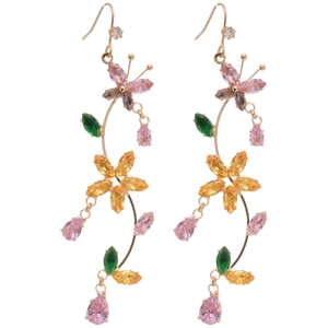 Elegant floral drop earrings with sparkling colorful zircon butterfly and petal charms