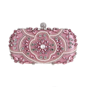 Pink satin evening clutch bag featuring intricate floral patterns with rhinestones and pearls
