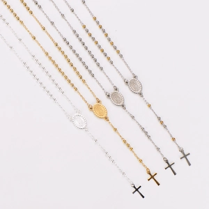 Religious rosary necklaces in gold and silver steel with Virgin Mary and cross pendants