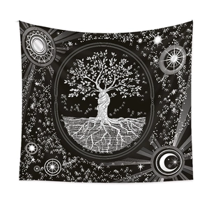 Bohemian black and white Tree of Life tapestry with sun and moon celestial patterns