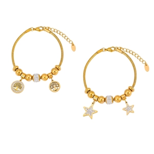 Titanium Steel Snake Chain Gold Plated Bracelet For Women Elegant Tree Of Life Star Moon Charm Rhinestone Inlaid Jewelry