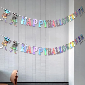 Iridescent Happy Halloween banner with laser skull patterns on a white wood wall
