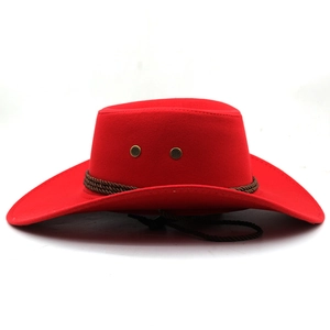 Detail of red faux suede jazz hat with woven band, metal eyelets and adjustable wind cord