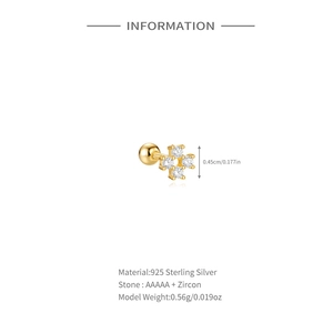 Detailed view of S925 sterling silver ear stud with zircon star design and measurements