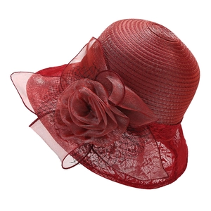 Elegant red organza flower sun hat with lace brim and mesh for summer beach beachwear
