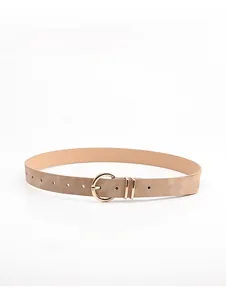 Close-up of beige nubuck leather belt with gold round pin buckle on white background