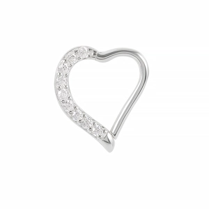 Detail view of S925 sterling silver heart earring featuring clear zircon stones and a hinge