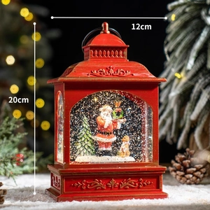 Red vintage Christmas train snow globe lantern with Santa Claus and a dog, 20cm height