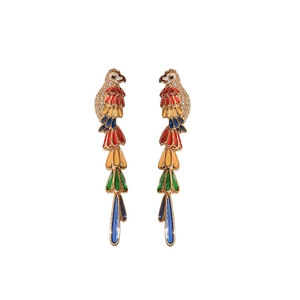 Vintage style colorful zircon parrot dangle earrings with gold plated silver needles
