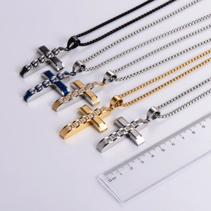 Hip hop stainless steel cross necklaces set with cubic zirconia in five assorted colors