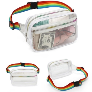 Transparent PVC waist bag with colorful rainbow strap and double zipper pockets
