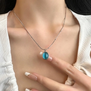 Titanium steel necklace with blue cat eye stone pendant and silver beaded chain for women