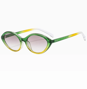 Detail view of cat eye sunglasses with gradient frames and printed model parameters