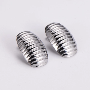 Macro shot of silver oval stud earrings with horizontal striped texture on white background