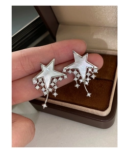 Detailed view of silver star earrings with mother-of-pearl and zircon meteor tassels