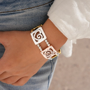 Chic multi-row beaded bracelet with heart cutout square charm and engraved metal plates