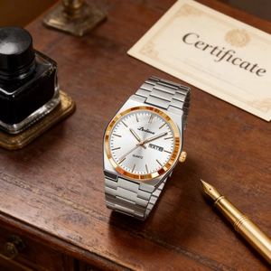Elegant men's quartz watch with dual calendar display and classic business accessories