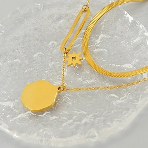 Retro double-layer gold stainless steel necklace with star and geometric disc pendants