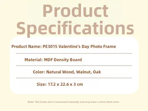 Detailed MDF photo frame specifications including size and wood finish options for gifts